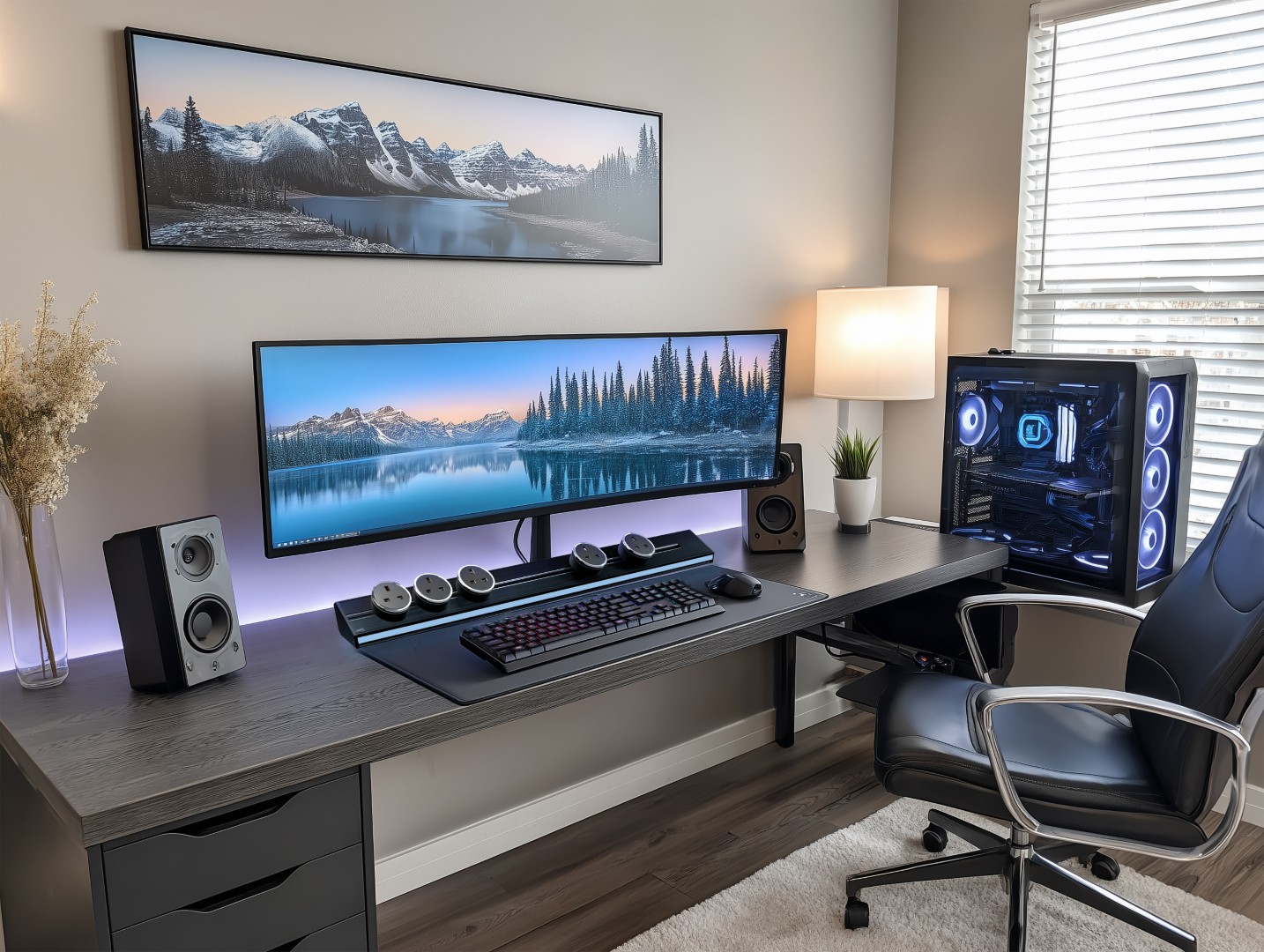 Line8 power track with integrated lighting installed along a gaming desk setup